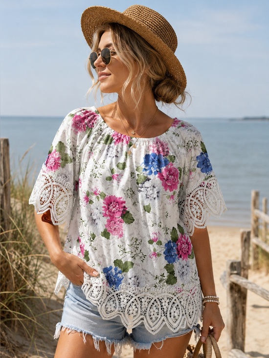 Tops - Unbranded Floral Lace-Trim Top | Approx. Size XL